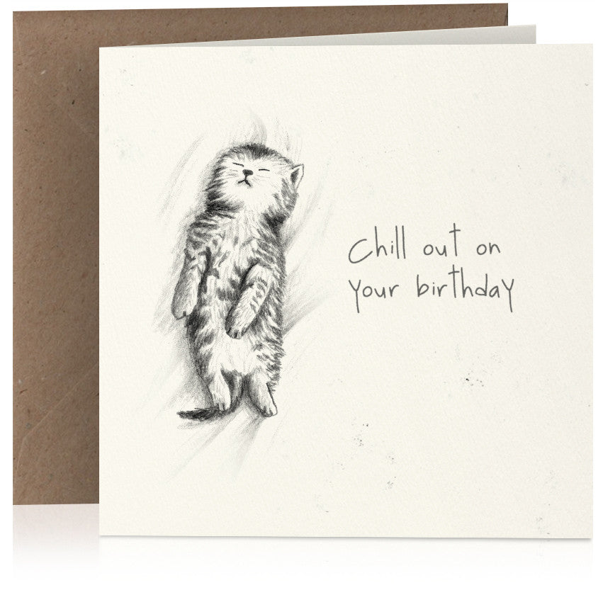 Cute pencil illustrated birthday card with sleeping kitten
