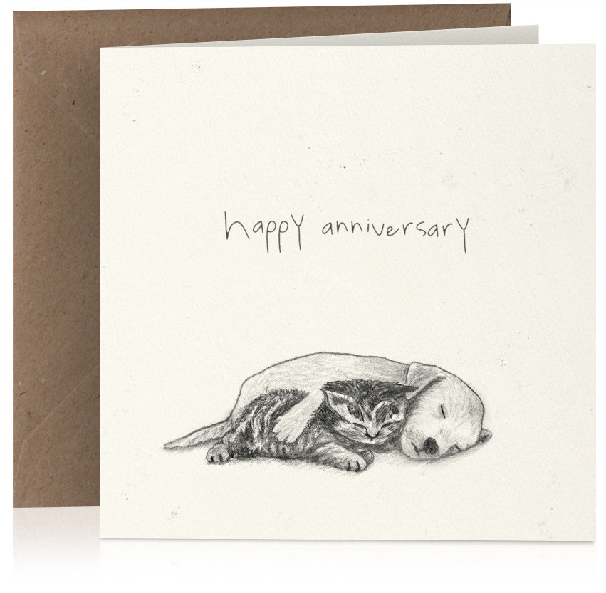 Cute pencil illustrated anniversary card with puppy and kitten cuddling