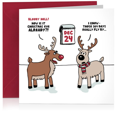 'Christmas Eve' humorous card with reindeer illustration