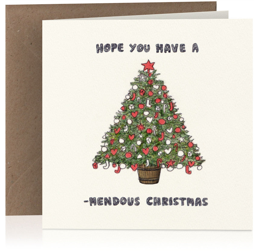 Tree-mendous illustrated Christmas card featuring a visual pun play on words
