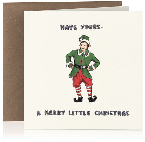 Pencil illustrated Christmas card featuring an elf visual pun play on words